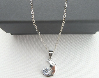 Sterling Silver Moon Necklace, Cubic Zirconia Pendant, Celestial Jewelry