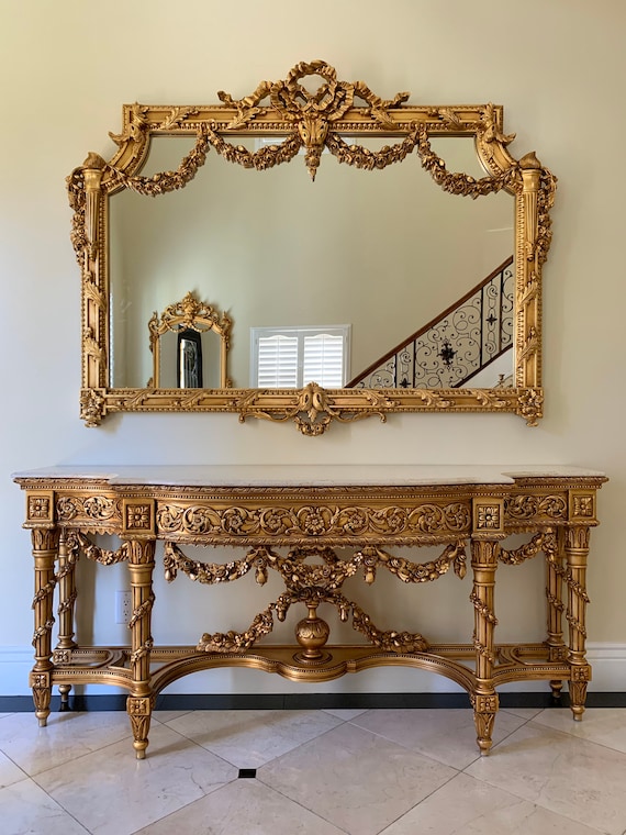 Palatial Italian 19th century Louis XVI style carved and gilt wood grand console with mirror