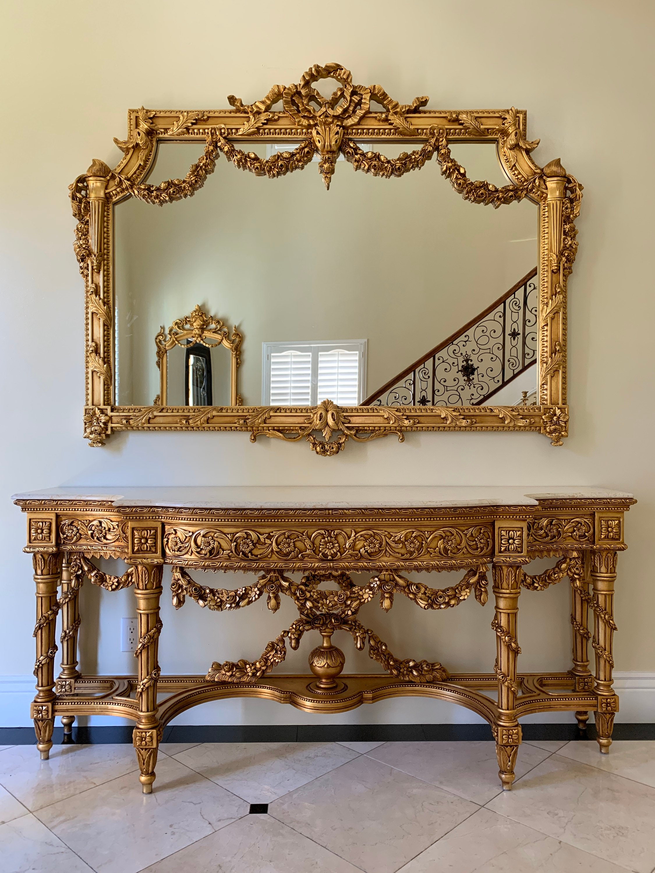 French louis xvi style bow knot pediment giltwood wall mirror