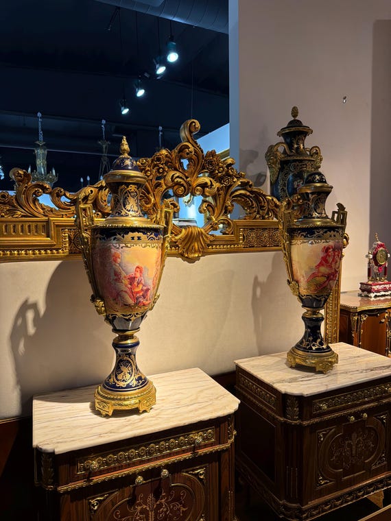 French Sevres Style Porcelain Urn with Bronze Ormolu Mounts | Hand Painted Cobalt Blue Lidded Decorative Urn | Rococo Neoclassical Decor