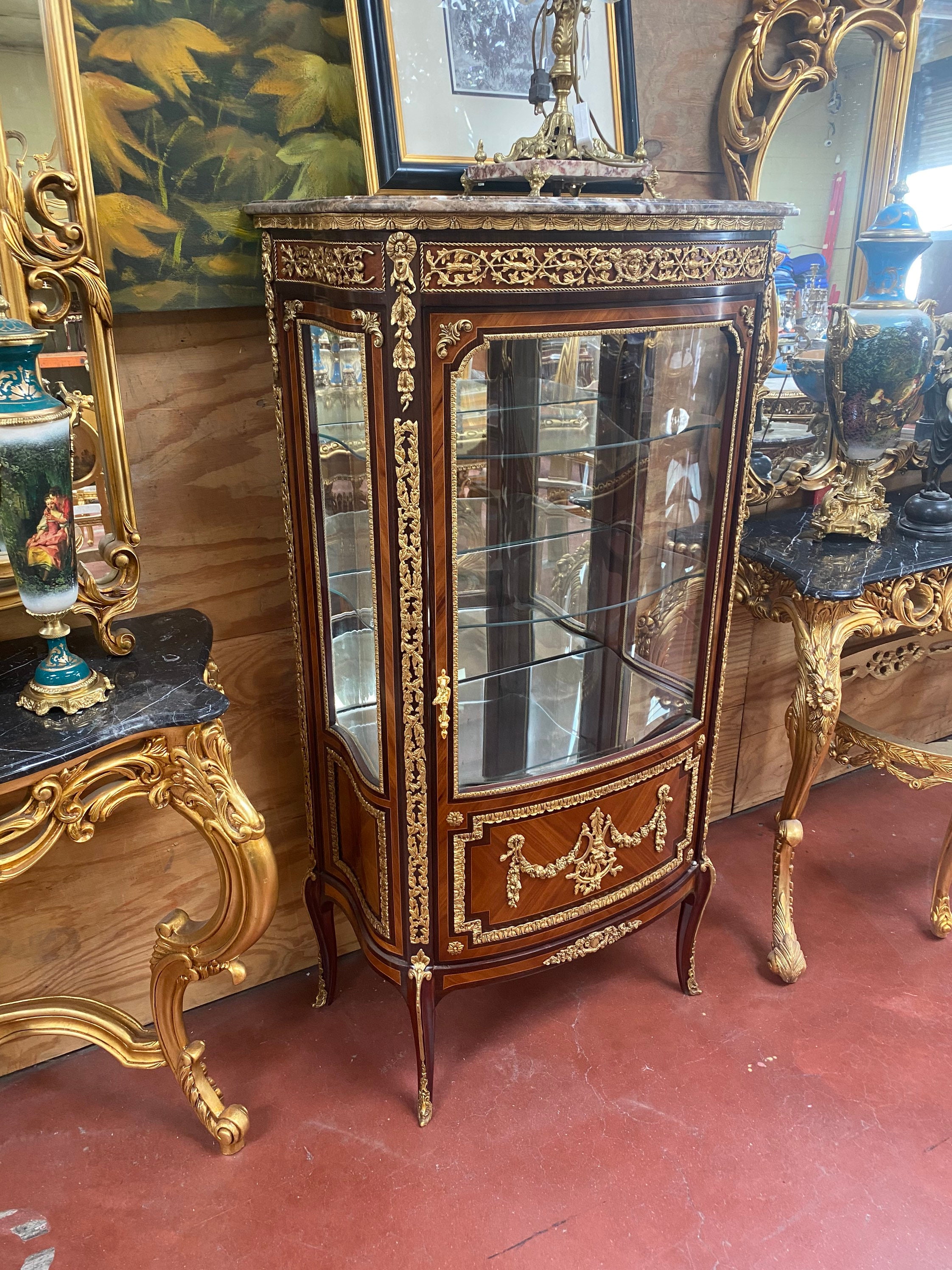 Antique Hand Painted Louis XV Kingwood & Gilt Bronze Bombay Vitrine