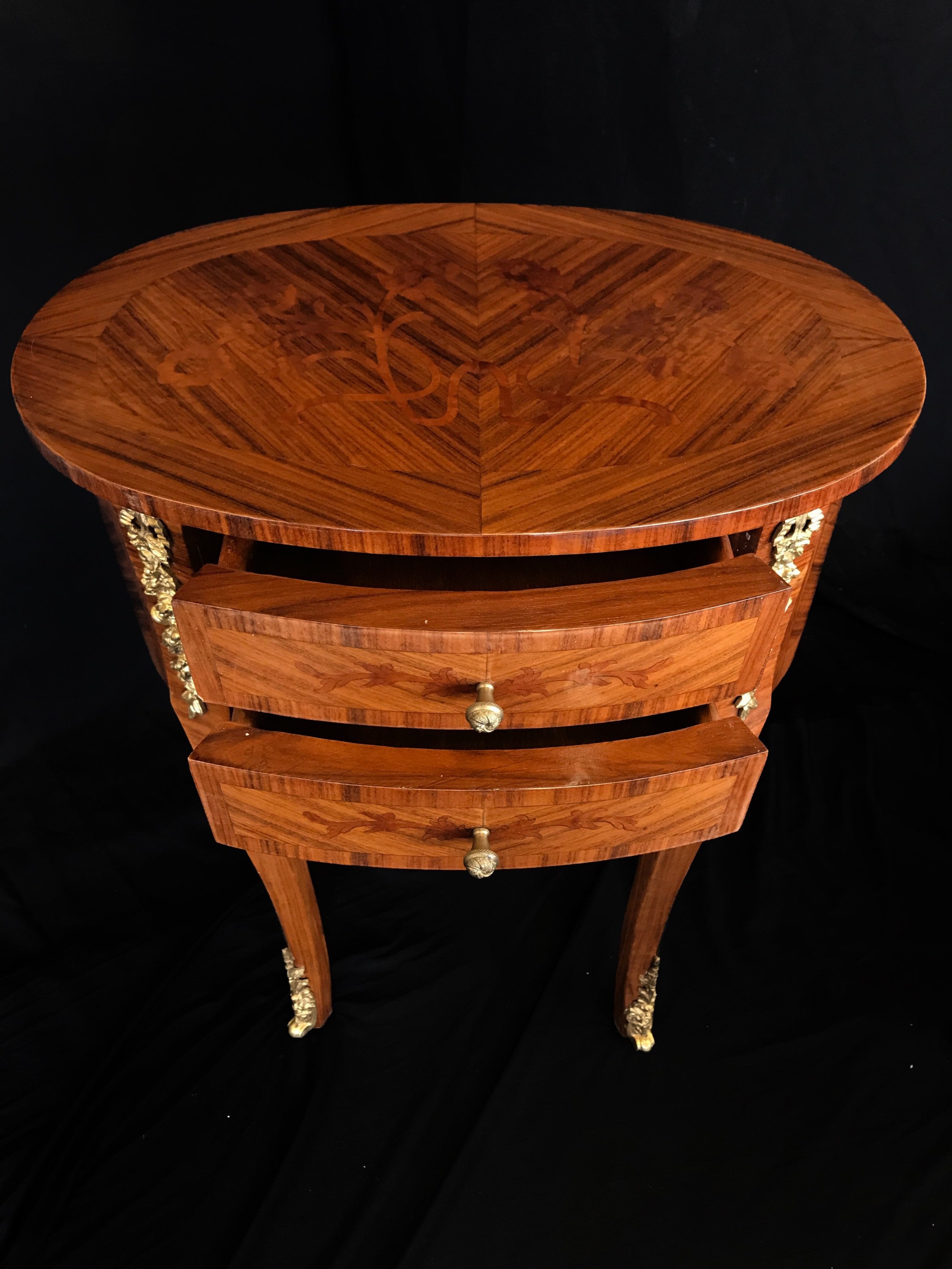 SOLD* French style End tables with Marquetry and Brass