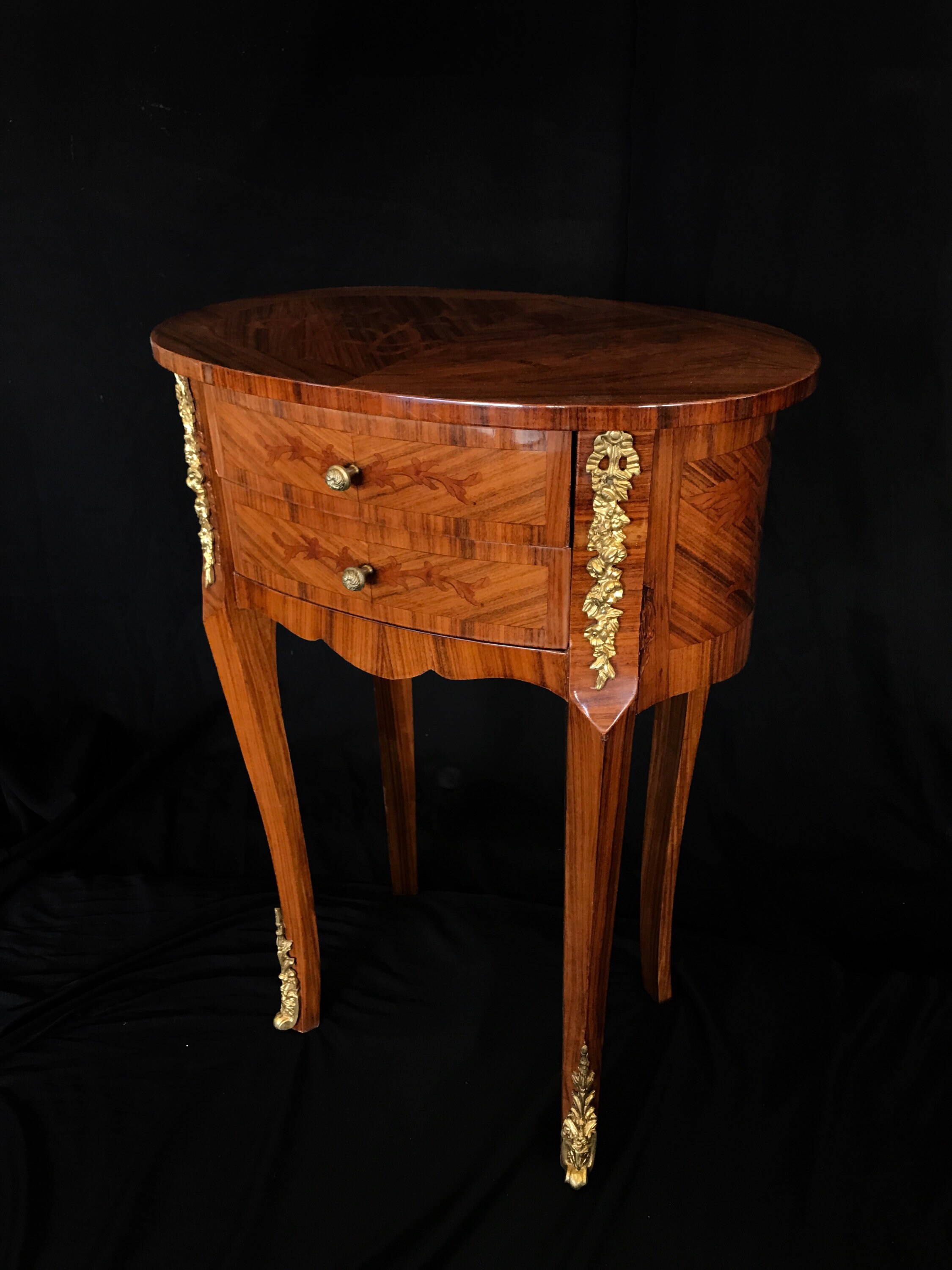SOLD* French style End tables with Marquetry and Brass