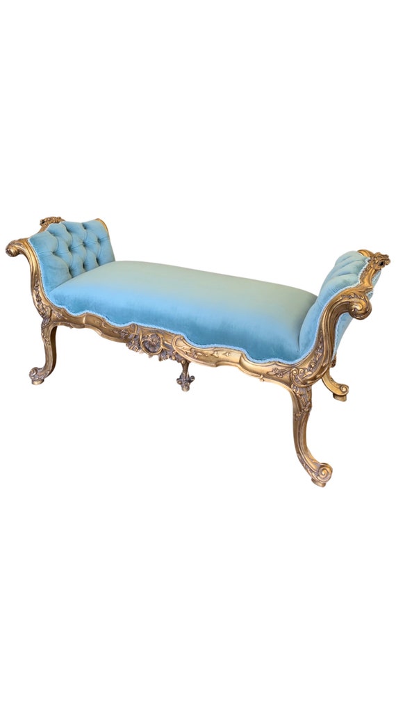 French Louis XV style Settee with ornate hand carvings and tufted seat