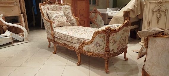 Victorian giltwood chaise lounge with floral print fabric