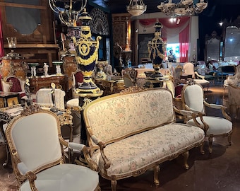 Louis XV 3-Piece Sofa Set – Giltwood Frame, Floral Tapestry &  Velvet Armchairs, Hand-Carved French style Rococo Furniture