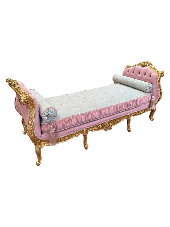 French Louis XV style Settee with ornate hand carvings and tufted seat