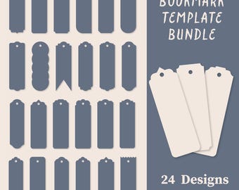 Puede incluir: Un conjunto de 24 diseños de plantillas de marcapáginas en varias formas y estilos, en color azul grisáceo. La imagen incluye una pila de marcapáginas color crema con un agujero en la parte superior. El texto dice "Bookmark Template Bundle" y "24 Designs SVG/PNG/EPS."
