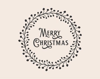 May include: Black and white illustration of a wreath with the text "Merry Christmas" inside.