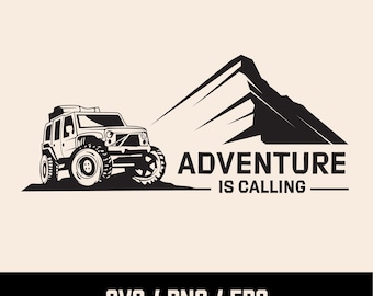 May include: Black and white illustration of a jeep driving up a mountain with the text "Adventure is Calling".