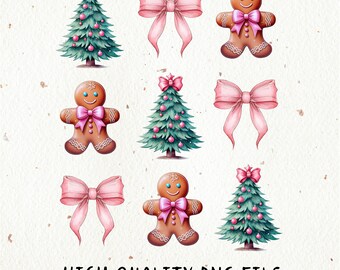 Coquette Christmas png | Coquette Bow Png | Gingerbread man png | Retro Holidays |  Pink Christmas Bow png | Vintage Christmas png