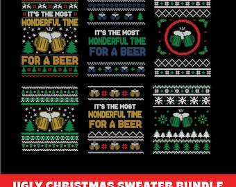 Op de afbeelding: Zes verschillende ontwerpen voor lelijke kersttruien met een bierglas-afbeelding en de tekst "Het is de mooiste tijd voor een biertje".