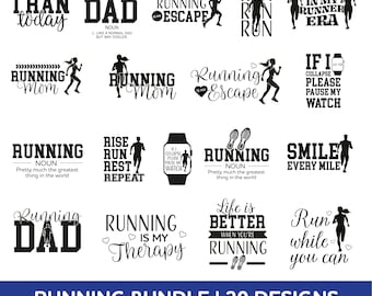 Puede incluir: Un conjunto de 20 diseños de temática de running en blanco y negro en formato SVG, PNG y EPS. Los diseños presentan varias frases e imágenes relacionadas con el running, como "Running Dad", "Running Mom", "Running is my Escape", "Rise Run Rest Repeat", "Smile Every Mile", y "Life is Better When You're Running".