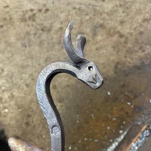 Rabbit fire poker / Hand forged hare head / blacksmith fire pit tool