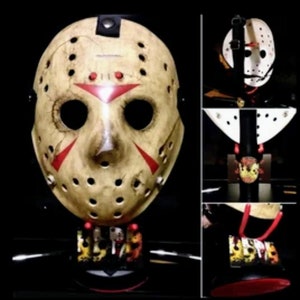 Hockey Mask Display Stand For Hockey Masks - Handmade Wood Stand With Rubber Fork Supports & Mini Poster Display Stand (MASK NOT INCLUDED)
