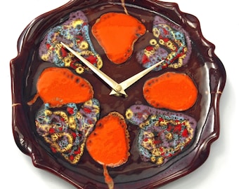 Vintage Vallauris Wall Clock - 26cm Ceramic Retro Mid Century Style Orange Clock Kitsch French Clock Fat Lava Gift Off The Wall Clocks