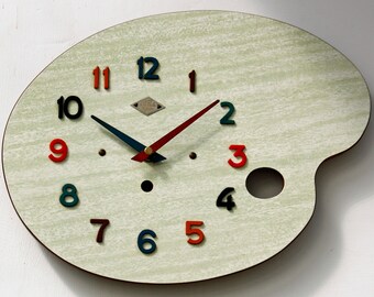 Vintage Jura Wall Clock - 33cm Green Formica French Retro Wooden Mid Century 1960s Atomic Gift Off The Wall Clocks