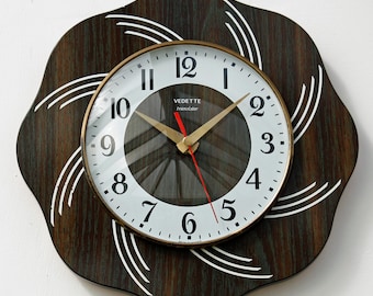 Vedette Wall Clock - Vintage 26cm Mid Century Wooden Formica French Retro Wooden 1970s Atomic Gift Off The Wall Clocks