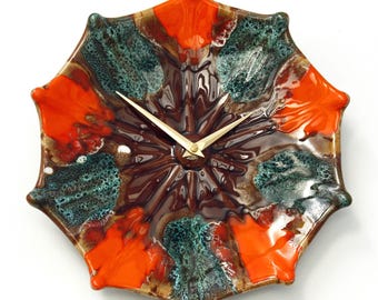 Vintage Vallauris Wall Clock - 30cm Ceramic Retro Mid Century Style Orange Clock Kitsch French Clock Fat Lava Gift Off The Wall Clocks