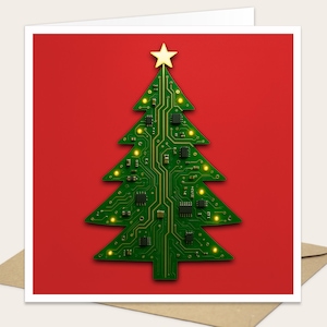 May include: A square greeting card featuring a green circuit board shaped like a Christmas tree against a solid red background. The tree is decorated with small yellow lights and topped with a gold star, with visible electronic components.