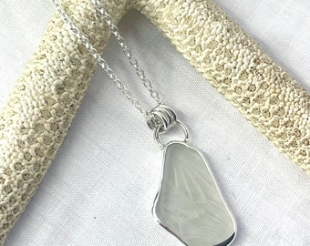 Unusual Large patterned White Sea Glass Necklace, silver mermaid necklace seaglass pendant, recycled silver glass anniversary gift jewellery