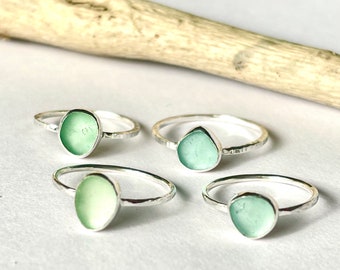 Dainty Sea Glass Ring Thin Sterling Silver stacking ring, beautiful Sea Glass Jewellery, Mermaid Ocean Ring, handmade Cornish Christmas Gift