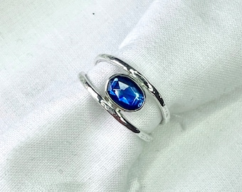Rose-Cut Blue Kyanite Ring: Hammered Sterling Silver Bands