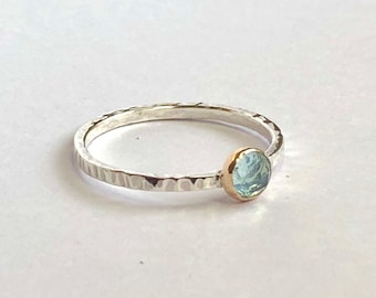 Rose cut Aquamarine gemstone ring with hammered square band