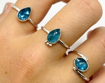 Silver Teal Kyanite Ring, 4 designs, made in your size, dainty teardrop gemstone Rosecut or wrap around oval gemstone rings, turquoise gem