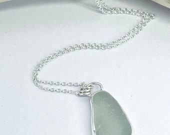 Beautiful Large White Sea Glass Necklace, silver mermaid necklace seaglass pendant, recycled silver glass anniversary gift jewellery