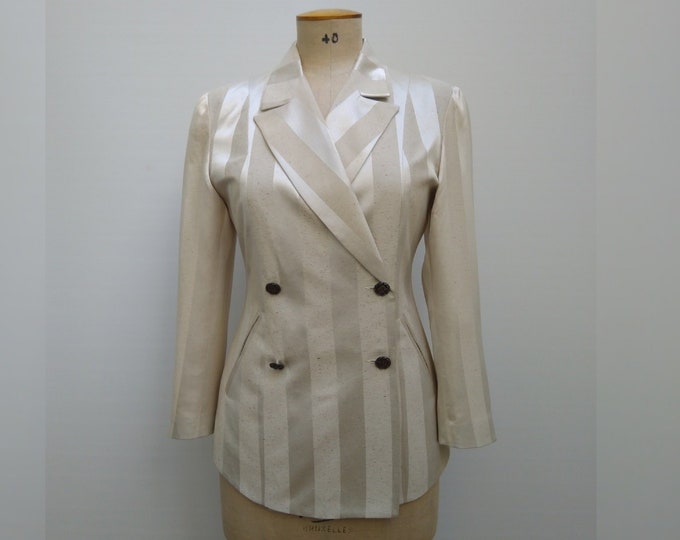 REVILLON vintage ivory 100% silk striped double breasted jacket