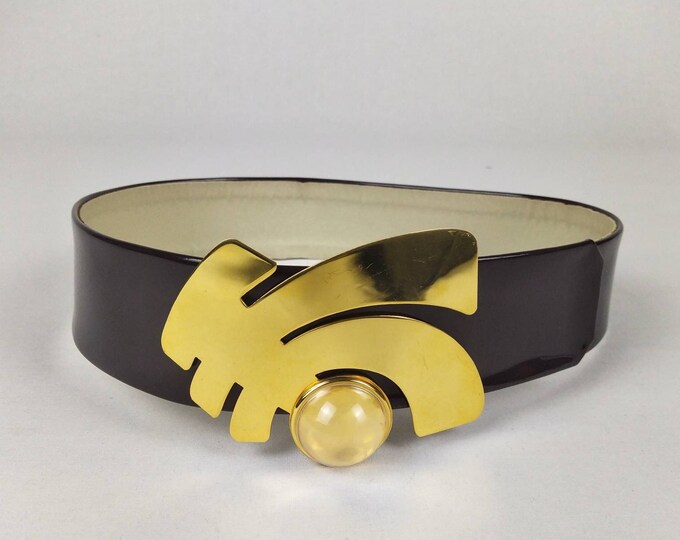 PIERRE CARDIN 60s vintage space age brown patent leather belt abstract buckle