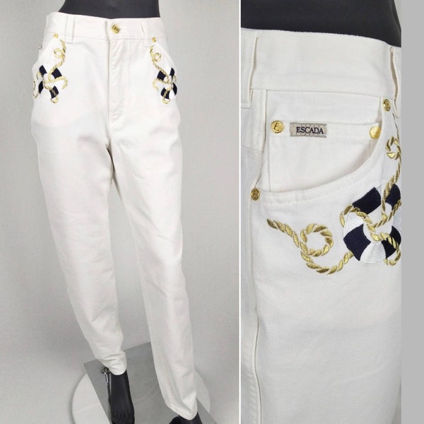 ESCADA MARGARETHA LEY vintage 80s high waist tapered white jeans nautical embroidered
