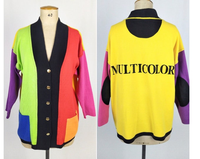 JC de CASTELBAJAC vintage 80s colourblock multicolor spellout cotton cardigan sweater