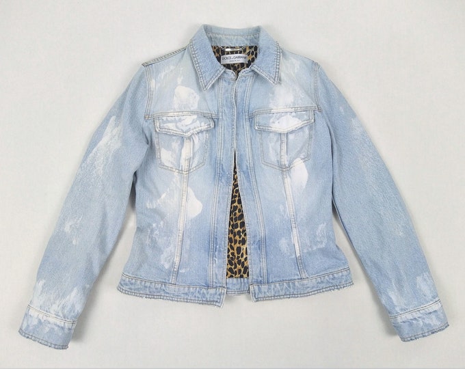 DOLCE & GABBANA vintage 90s distressed open front denim jacket with leopard lining