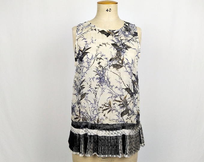 MUNTHE unworn sheer ivory leaf print tank top with pleated hem