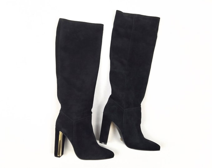 BUFFALO unworn black suede knee-high heeled boots