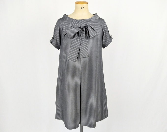 PAUL & JOE pre-owned grey striped silk shift dress with bow