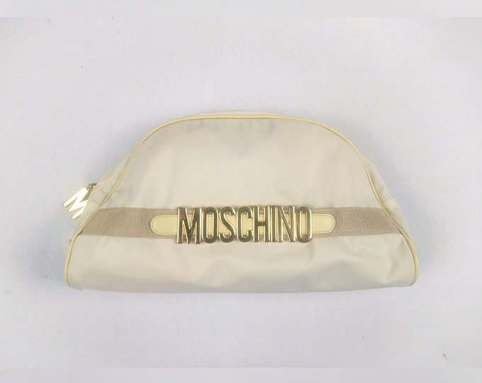 MOSCHINO REDWALL vintage 80s cream nylon fabric clutch bag withlogo lettering