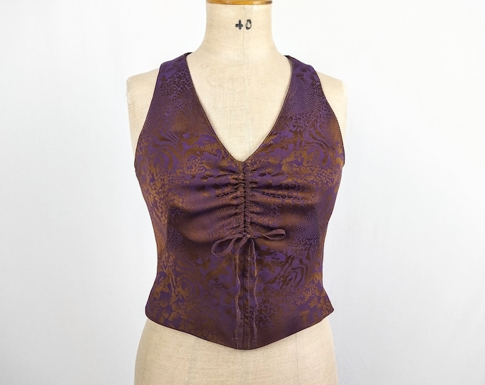 ALBERTO MAKALI vintage 90s purple bronze jacquard ruched tank top