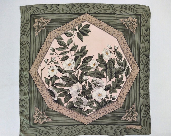 CHRISTIAN DIOR vintage floral / wood grain print silk twill square scarf