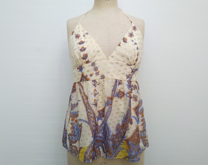 TIBI pre-owned cream silk chiffon gold lame floral print halter top