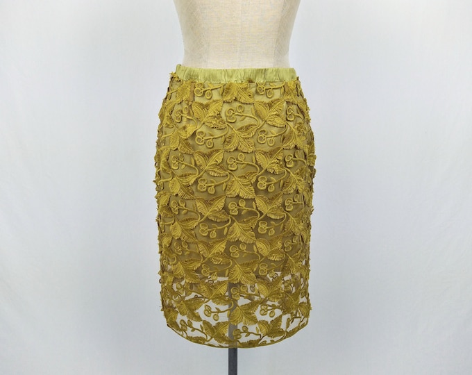 BAUM UND PFERDGARTEN pre-owned golden olive embroidered mesh pencil skirt