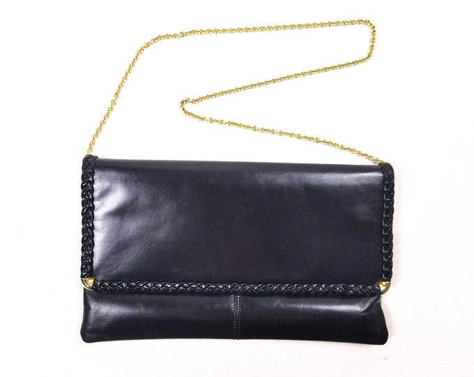 RODO vintage 70s navy leather envelope bag / clutch with braided trim