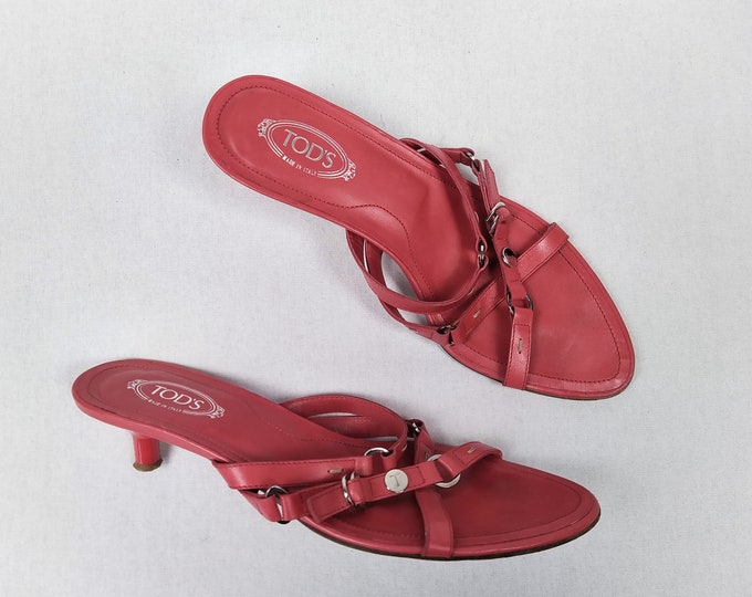 TOD'S pre-owned raspberry red leather kitten heel strappy sandal mules