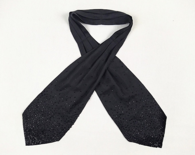 JAEGER pre-owned beaded black silk twill women's ascot tie scarf