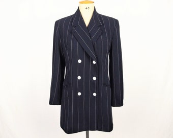 ESCADA MARGARETHA LEY vintage 90s navy pinstripe double breasted wool blazer