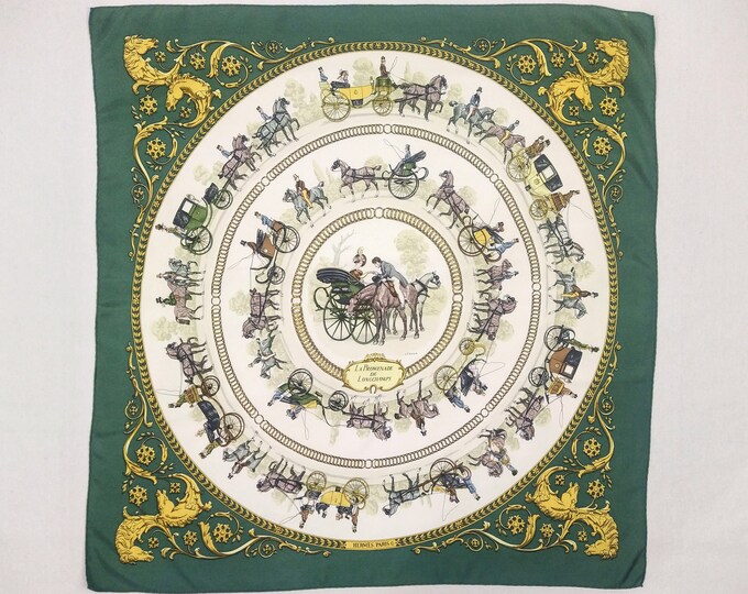 HERMES vintage 'La Promenade de Longchamps' by Philippe LeDoux silk twill square scarf 90 cm