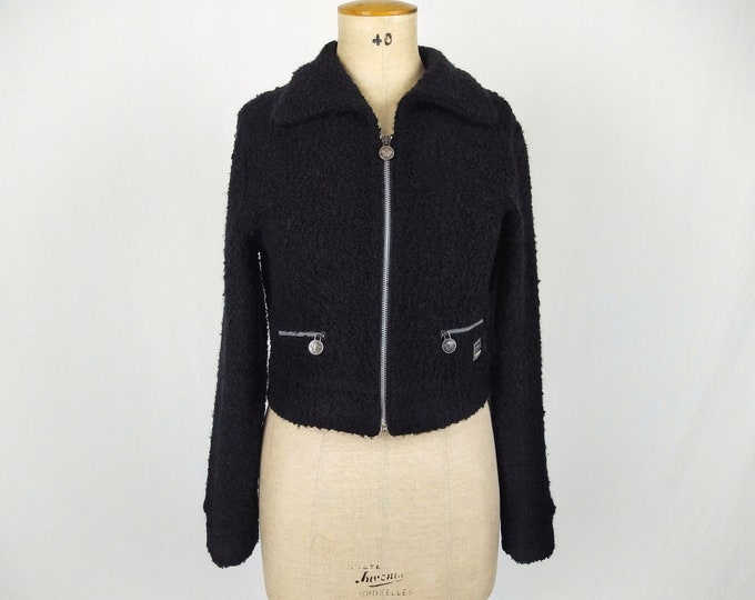 VERSACE JEANS COUTURE vintage 90s black boucle knit cropped zipper jacket