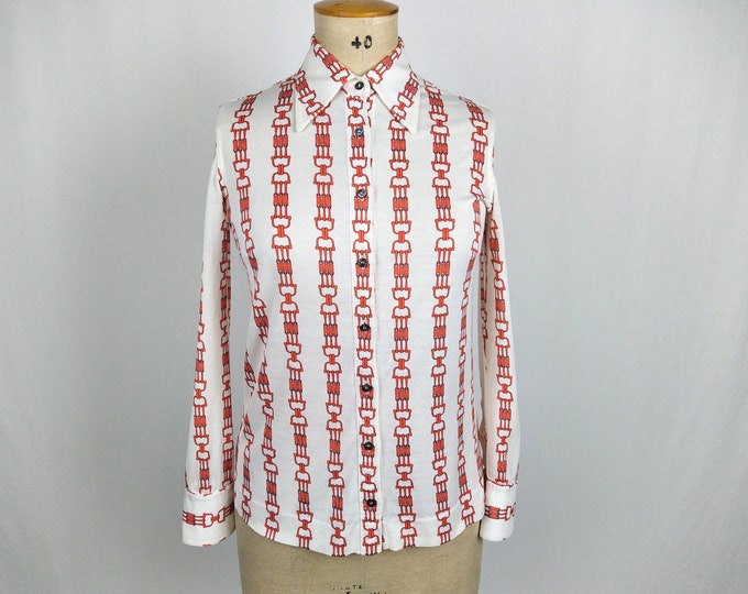 CELINE vintage 70s red chain print cotton jersey blouse shirt